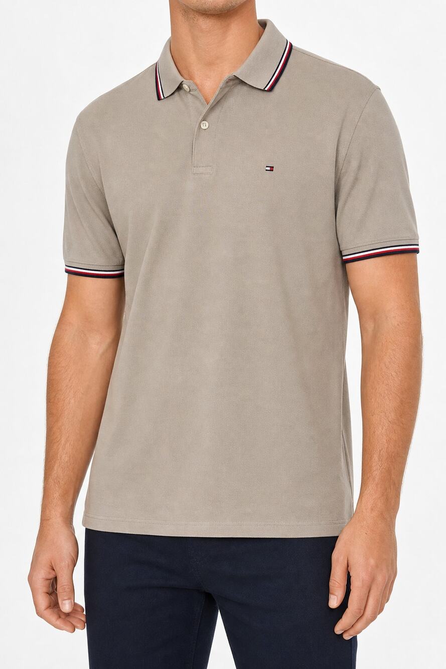 Tommy Hilfiger Mens XXL Beige Regular Fit Pique Polo Shirt Red/White/Blue Trim